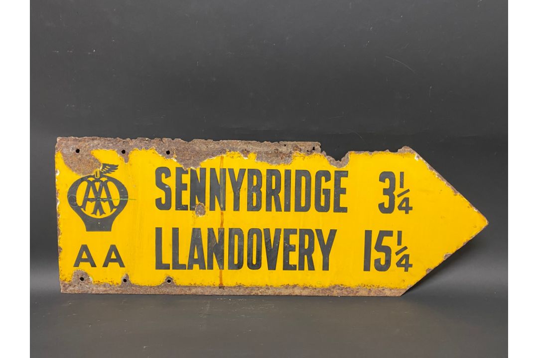 An AA double sided directional enamel sign, pointing towards Sennybridge and Llandovery, 30 x 11". - Image 1 of 2