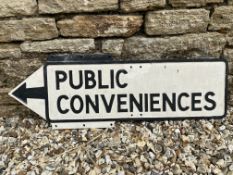 A double sided cast aluminium directional sign for 'Public Conveniences', 35 1/2 x 12