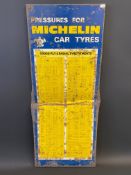 A Michelin Car Tyres tin tyre pressure chart sign, 12 1/4 x 29 1/2