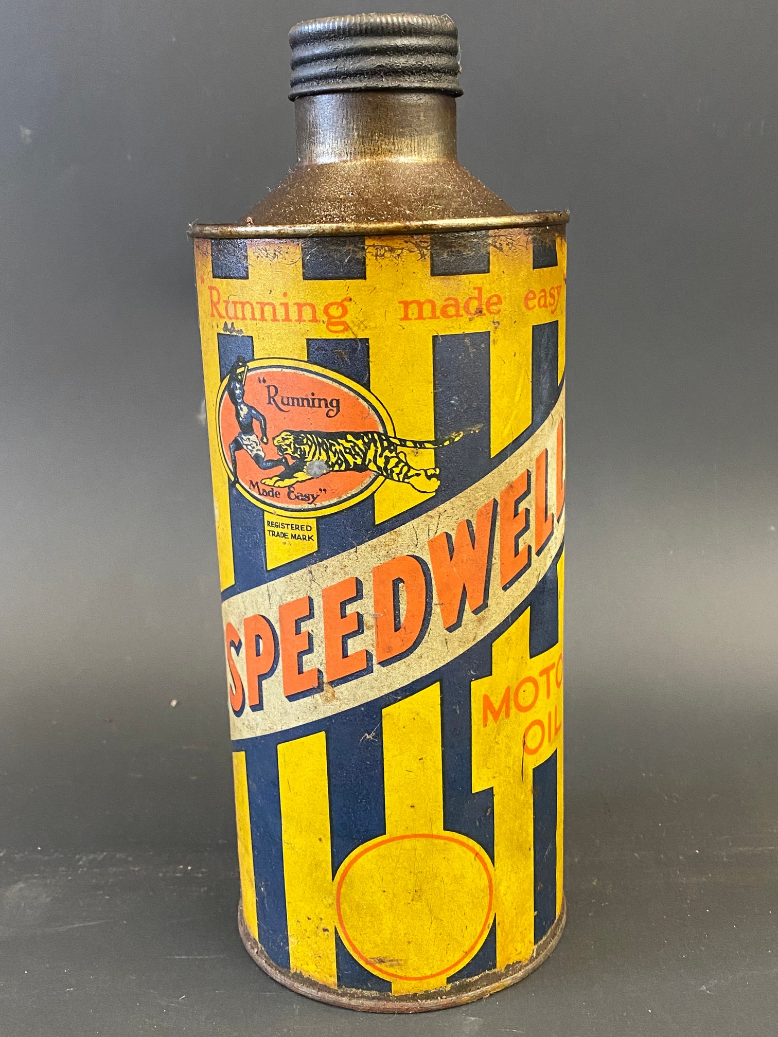 A Speedwell cylindrical quart can.