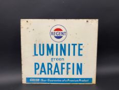 A small Regent Luminite green Paraffin double sided aluminium advertising sign with hanging flange