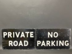 Two metal road signs, for No Parking and Private Road, by Hills, the largest 20 1/2 x 12