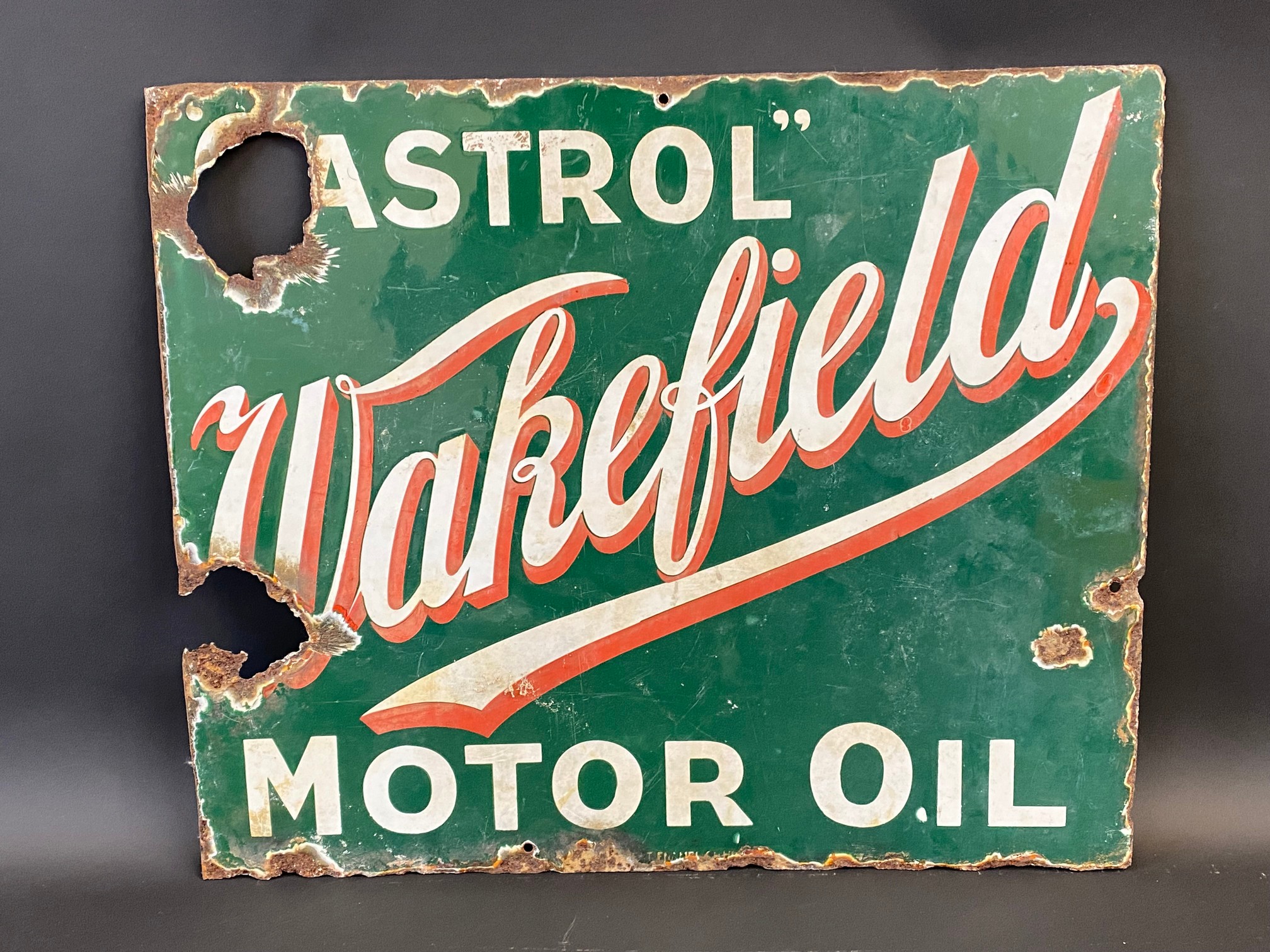 A small and early Wakefield Castrol Motor Oil double sided enamel sign, lacking hanging flange, by - Image 6 of 7