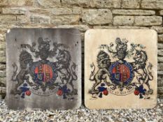 A pair of metal signs each with a coat of arms to the centre, each 29 3/4 x 32 1/2