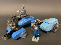 A Zebra Toys die-cast model of an RAC motorcycle combination, and two smaller versions etc.