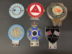 A selection of car badges including Motor Cycle Unity Light Car Club, Brands Hatch Motor Club etc.