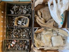Two boxes of fuel unions, taps and nuts and bolts etc.