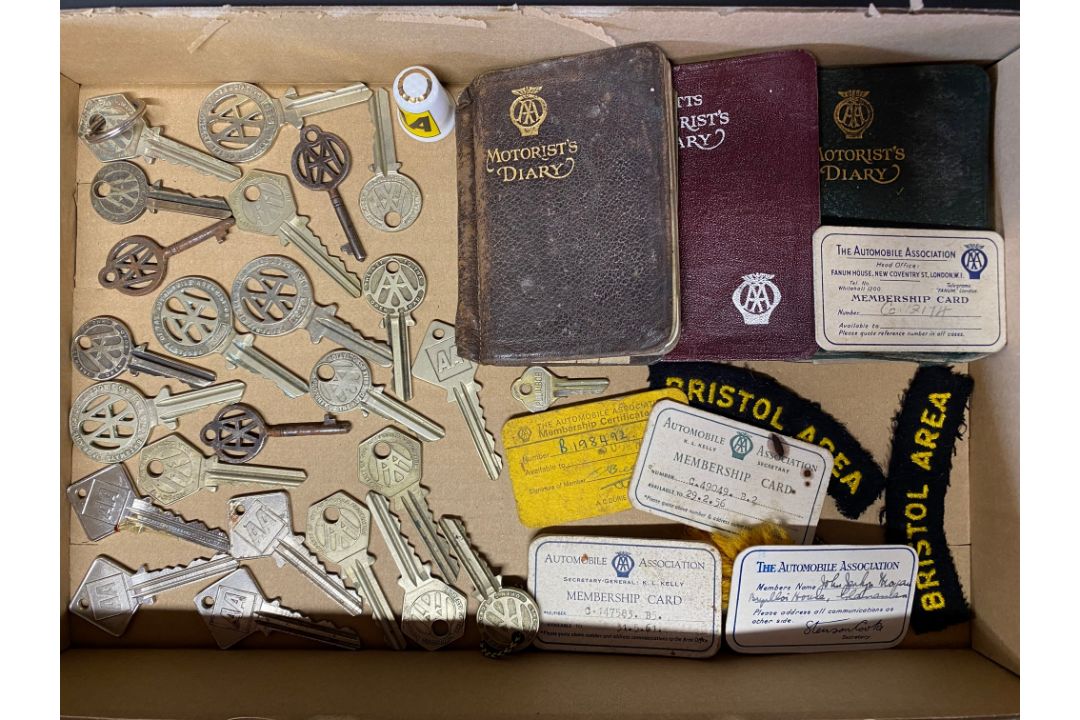 A quantity of AA box keys including several dated 1920, several AA Motorist's Diaries, membership