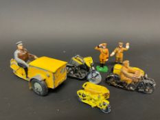 An unusual Dinky Toys die-cast motorcycle with front delivery box, three die-cast motorcycle