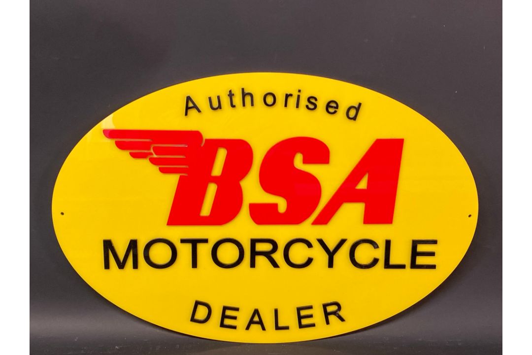 A BSA Authorised Motorcycle Dealer oval garage showroom perspex sign with raised lettering, 21 1/4 x - Image 1 of 3