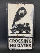 A reproduction Crossing No Gates road sign with maker's name for Branco, 12 1/4 x 21