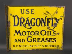 A Dragonfly Motor Oils and Greases double sided enamel sign with hanging flange, 17 1/2 x 14