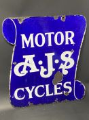 A rare circa 1920s AJS Motor Cycles double sided enamel sign of scrolled design, 18 x 20