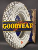 A Goodyear Tyres die-cut double sided enamel sign with hanging flange, 22 x 34