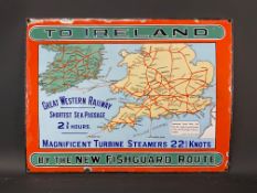 A rare small size 'To Ireland by The New Fishguard Route' pictorial map enamel sign by Chromo -