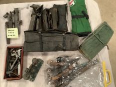 A box of tool rolls, brake shoe riveter plus various engineer's items etc.
