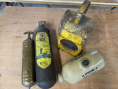 A Chalwyn road warning lamp, a WD brass fire extinguisher, a French fire extinguisher