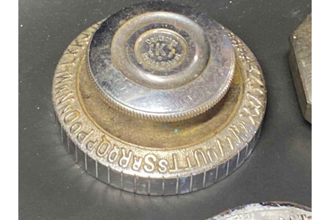 A silver plated case marked Cruss Aus Dem Rheinland, a French enamel plaque, a Riley chassis plate - Image 4 of 4