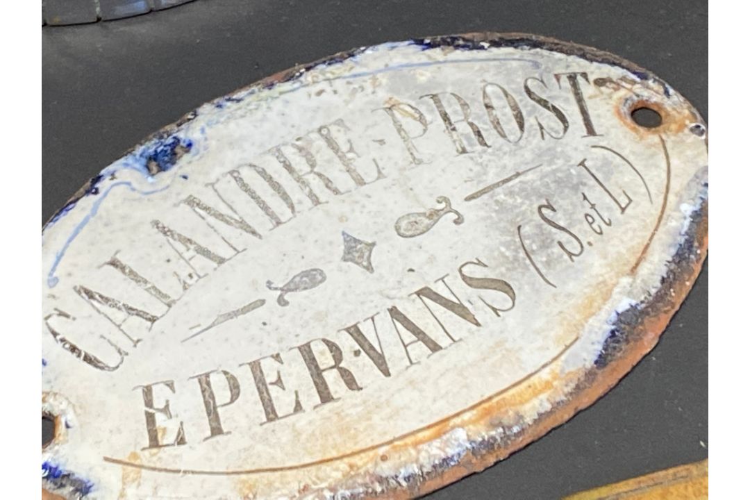 A silver plated case marked Cruss Aus Dem Rheinland, a French enamel plaque, a Riley chassis plate - Image 3 of 4