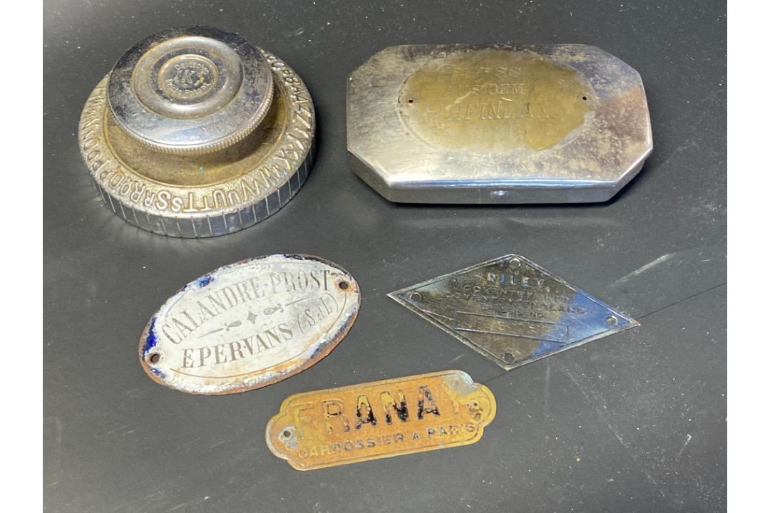 A silver plated case marked Cruss Aus Dem Rheinland, a French enamel plaque, a Riley chassis plate - Image 1 of 4