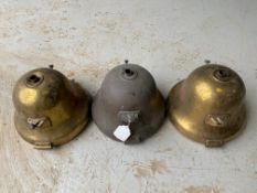 Three CAV Model F bell-shaped brass headlamps, each approx. 10 1/2