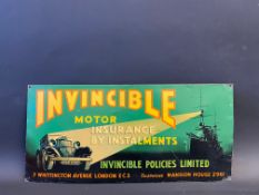 An Invincible Motor Insurance pictorial tin advertising sign, 20 x 9 1/2