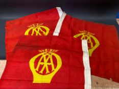 Three small AA yellow and red flags, each approx. 25 x 24