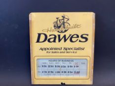 A Dawes cycle shop door 'hours of business' advertising sign, 9 x 10 1/4