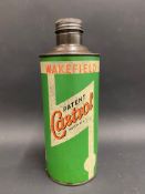 A Wakefield Castrol quart cylindrical oil can.