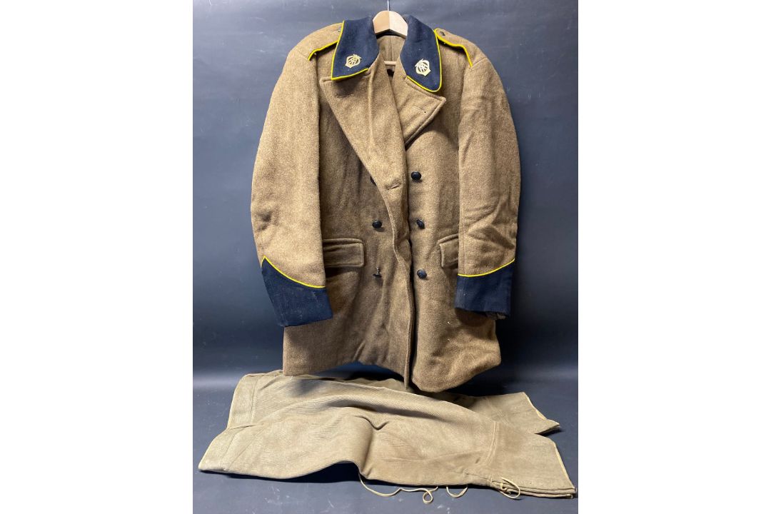 An original AA overcoat, with bakelite AA buttons and brass AA badges to the lapels, plus a pair - Image 1 of 3