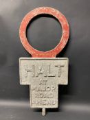 A miniature Halt At Major Road Ahead aluminium road sign, probably pedal car layout, 8 1/4 x 18 1/