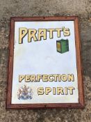 A Pratt's Perfection Spirit advertising mirror with image of two gallon can, 20 1/2 x 26 1/2