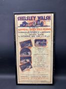 A framed reproduction of a 1930s Shelsley Walsh advertisement, 12 1/2 x 22 3/4