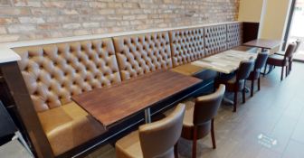 1 x Long Button Back Seating Bench Upholstered in Tan Brown Leather - Comes in Five Sections For
