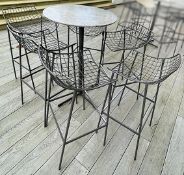 1 x Marbled Stone Topped Outdoor Poser Table With 6 x Wire Barstools With Seat Cushions