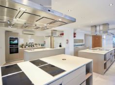 1 x Bespoke Large Cookery School Island including Units and Tops - 315cm (L) x 121cm (W) - Cutouts
