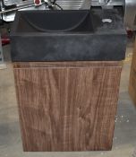 1 x Sjhort Projection Contemporary Wall Mounted Vanity Unit With Wash Basin - Walnut Finish and