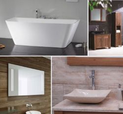 High-End Stonearth Bathroom Stock - Features Solid Travertine Stone Bath & Shower Tray, Solid Walnut Bathroom Units, Marble Sinks and More!