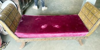1 x Medieval Style Double Ended Seating Bench With Metal Bound Braces and Crimson Fabric Cushion