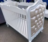 1 x Beautiful French Louis Style Children's Cot in Ivory With Carved Wood Detail Fabric Upholstery