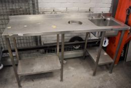 1 x Stainless Steel Wash Stand With Bin Chute and Single Sink Bowl - H87 x W165 x D52 cms -