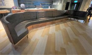 1 x Long Seating Bench With Curved Ends - Features Genuine Dark Brown Leather and Timber Panelled
