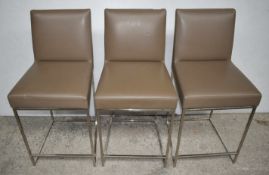 3 x Contemporary Bar Stools With Brown Faux Leather Seats and Chrome Bases With Foot Rests