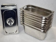 8 x Vogue Stainless Steel 1/3 Gastronorm Pans With Lids - Size: H15 x W17.5 x L32 cms