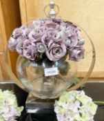 1 x Glass Fish Bowl Vase On Silver Stand With Hook Surround and Artificial Flowers