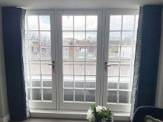 A Pair Of Bespoke Made To Measure Premium Lined Curtains In Blue With Embroidered Motif - Ref: