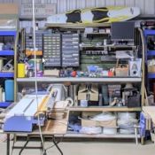 1 x Large Testing Bench With Back Wall, Power Points & Storage Drawer Units - Contents Not Included