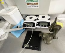 Job Lot to Include Knife Holder and Knives, Three Sets of Scales, Fan & Scandia Meat Mincer
