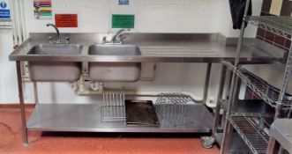 1 x Large Two Bowl Wash Table - Stainless Steel With Two Bowls, Upstand, Undershelf and Mixer Taps
