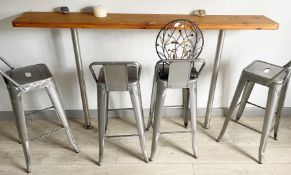 1 x Wall Mounted Rustic Drinks Bar With Chrome Legs and Four Industrial Style Seating Benches in